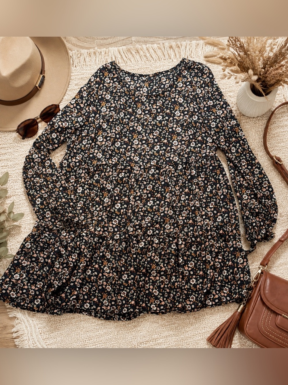 Women’s Black Floral Tiered Babydoll Mini Dress Long Sleeve Boho Large Fit